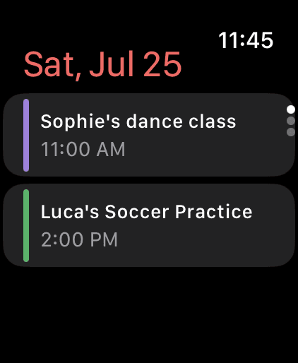 CalenDear on an Apple Watch, listing today's events