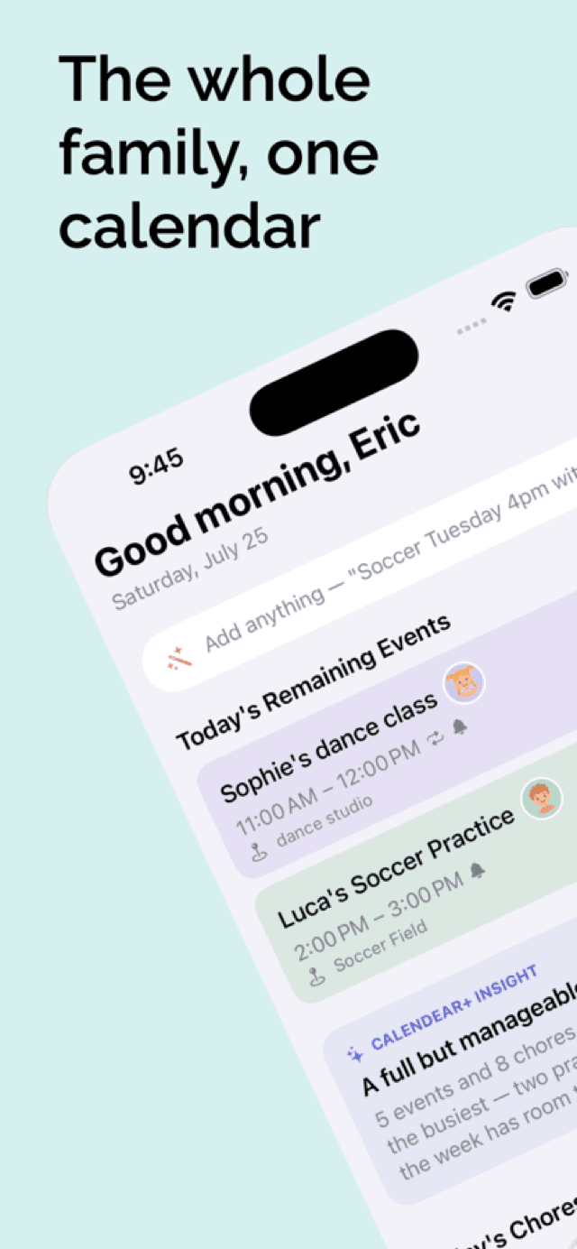 The Today screen: a greeting, the quick-add field, today's remaining events and a CalenDear+ insight card