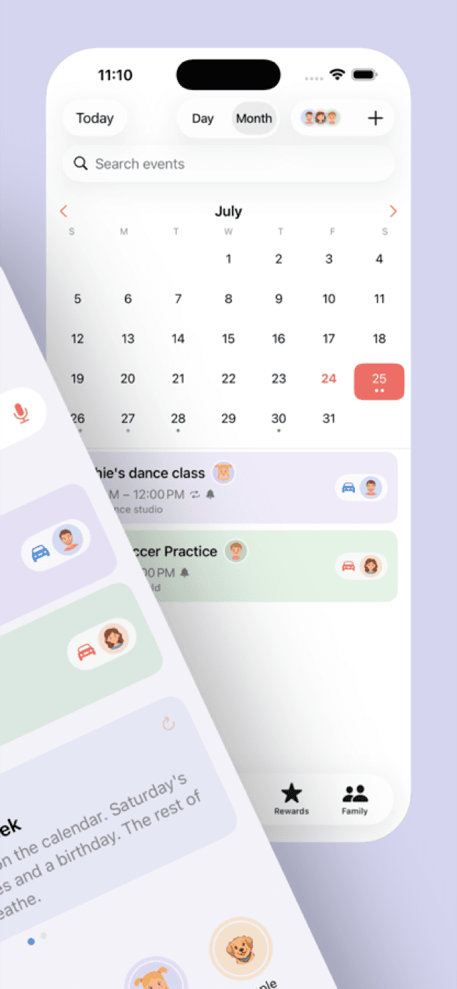The month calendar with per-person colored events and event search