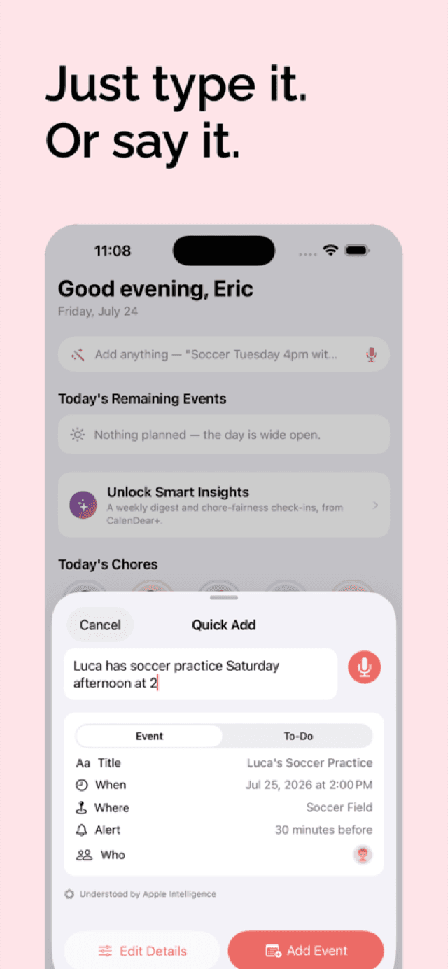 Quick Add turning “Luca has soccer practice Saturday afternoon at 2” into a complete event