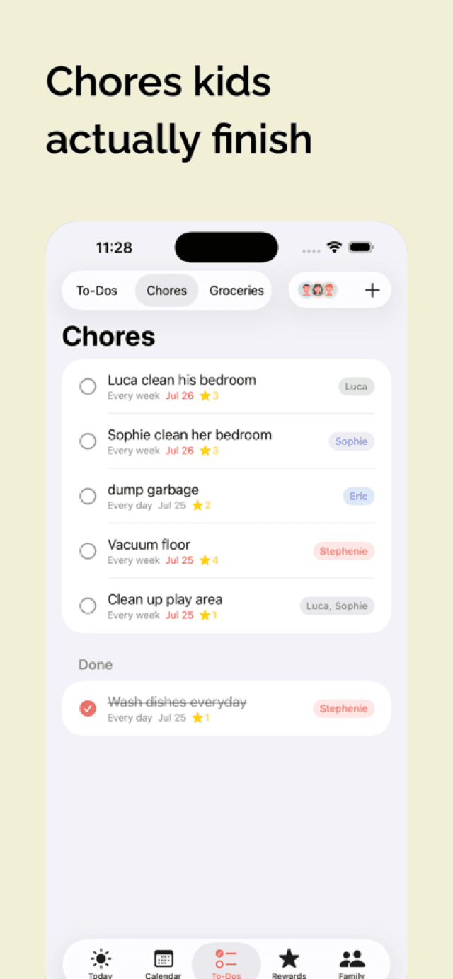 The Chores tab: recurring chores per family member, each worth stars