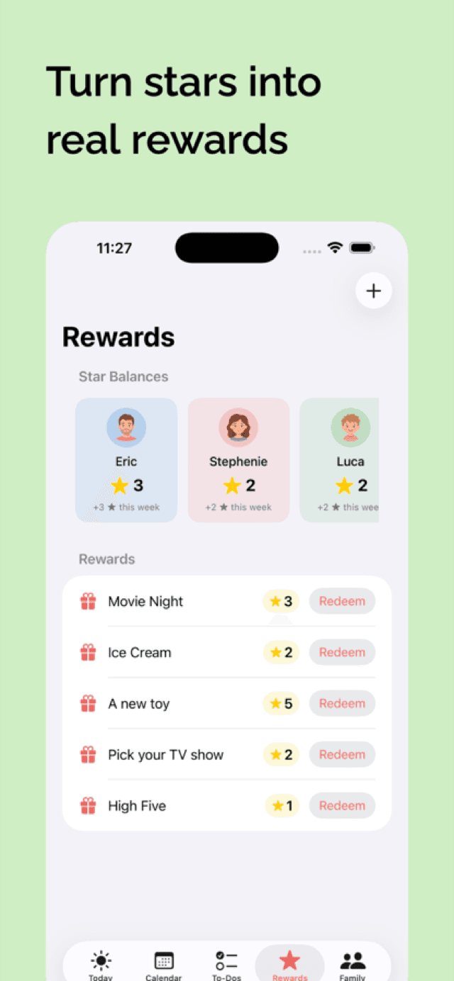 The Rewards tab: star balances for each person and a redeemable family reward catalog