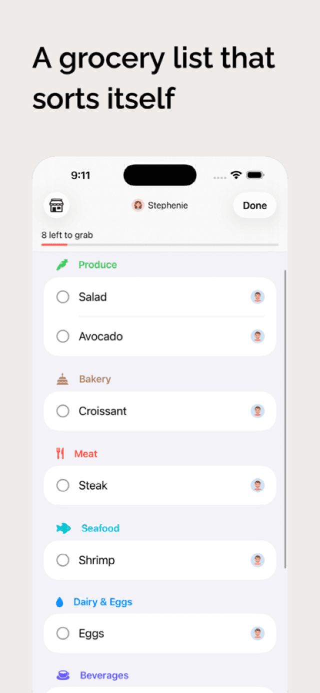 The shared grocery list, sorted into Produce, Bakery, Meat, Seafood and Dairy aisles